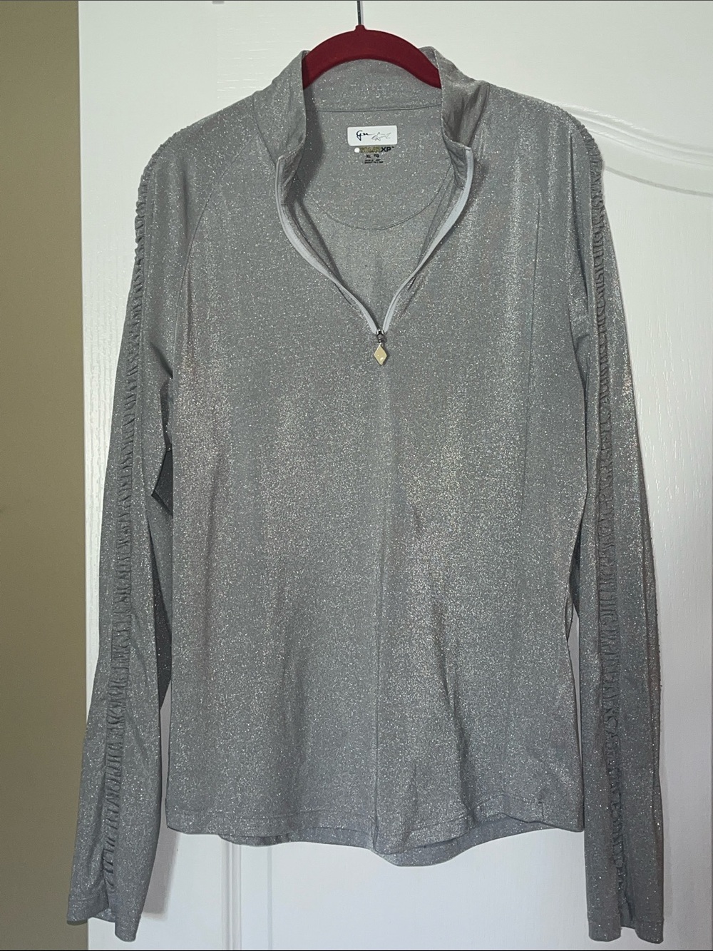 Women's Metallic Silver Quarter-Zip Long Sleeve Top